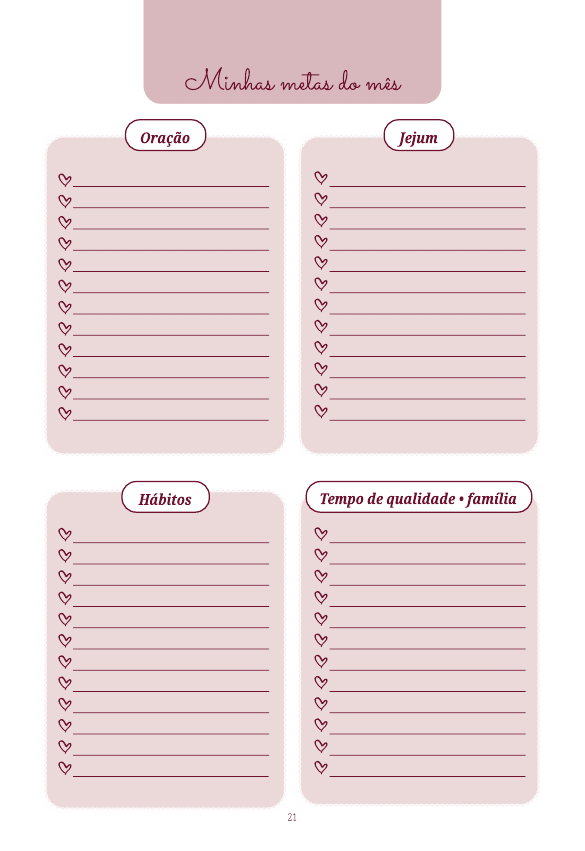 Página original Minhas metas do mês, com áreas de oração, jejum, hábitos e tempo de qualidade em família