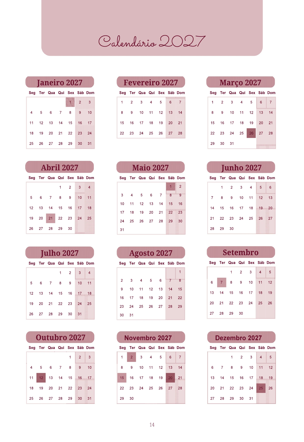 Página original com o calendário de janeiro a dezembro de 2027